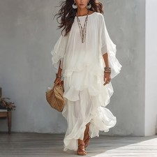 Women's Tiered Ruffle Maxi Dress Batwing Sleeve Loose Flowy Vacation Sundress