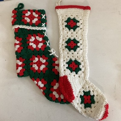 Lot Of 2 Christmas Stocking Handmade Crochet Granny Squares Vintage Red Green