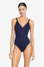 Robin Piccone Amy Navy Ribbed One-Piece Swimsuit Women  s Size 6 MPN 220813 172