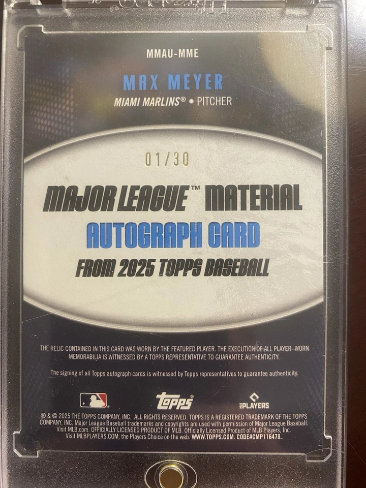 2025 Topps Actualización Material Auto Reliquia Negro Max Meyer 1/30 MMAU-MME Marlins Foto 2 de 2