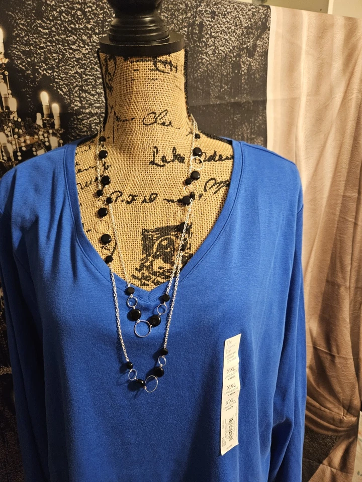 CROFT & BARROW, CAMISETA LISA MUJER NUEVA AZUL CUELLO EN V ALGODÓN MANGA LARGA, TALLA XXL Foto 2 de 4