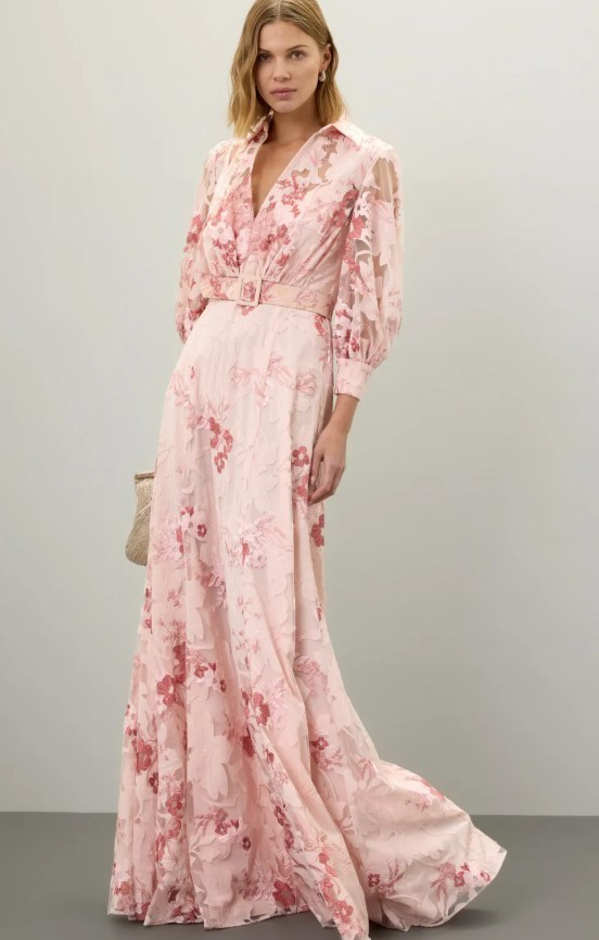 Badgley Mischka Lace Applique Maxi Shirt Dress Floral Pink Size 2 NO BELT
