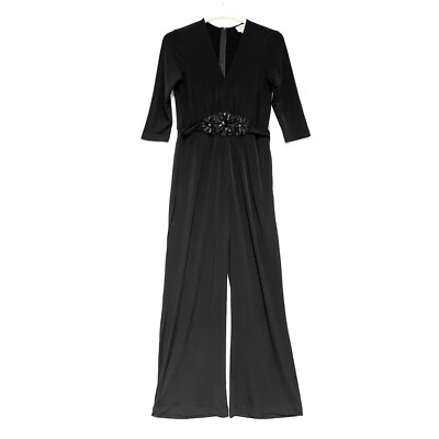 ECI Womens Jersey Knit Jumpsuit Black Embellished Slinky Wide