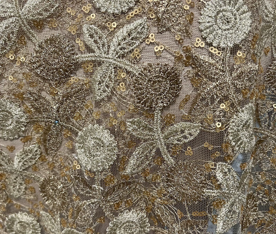 "Tela de encaje metálica con estrás de guipur dorado marfil de 5 yardas de ancho 50""" Foto 3 de 4