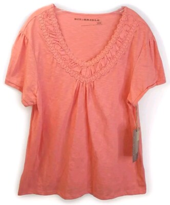 Bit & Bridle Blouse Woman Plus 2X Gauzy Braided V-Neck Coral Coastal Cowgirl Nwt