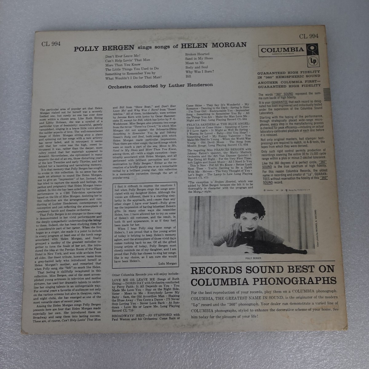 Polly Bergen Bergen Sings Morgan LP Vinyl Record Album | eBay