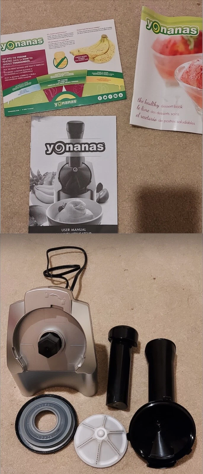 Yonanas Classic Silver Frozen Treat Maker, Model 901, Instructions, Recipes.