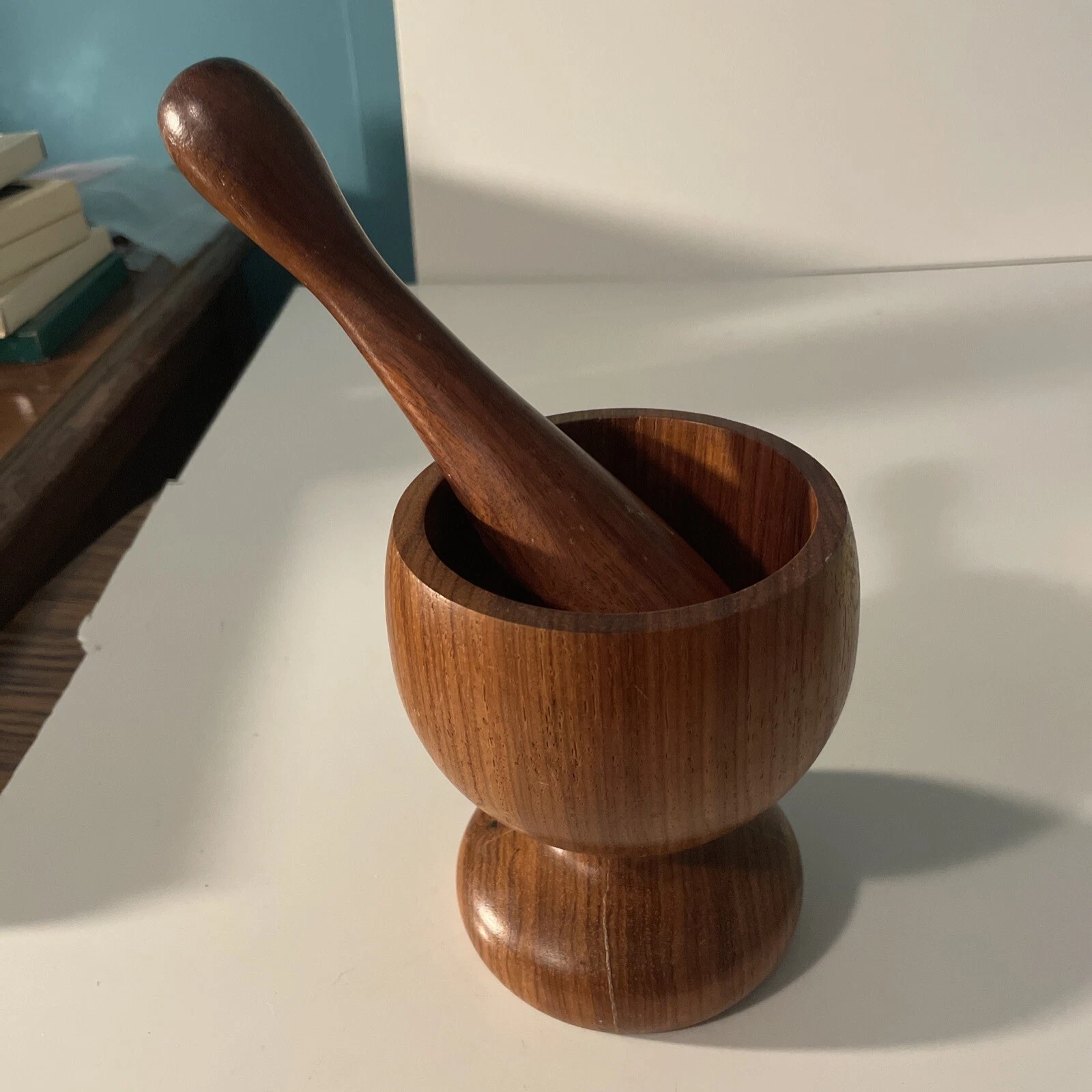 vintage mortar and pestle wood grinding bowl