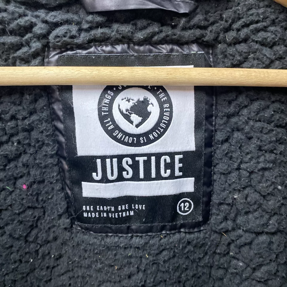 Justice девочек 12 черный пуховик куртка парка капюшон шерпа с подкладкой полный молнии карманы - Изображение 4 из 4