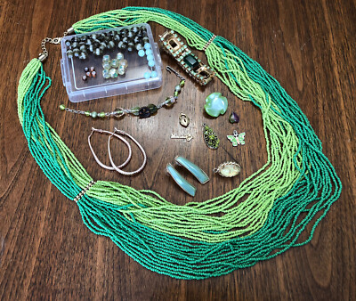 Vintage to Now Estate Jewelry Lot: Wear, Repair, Parts Green Beads Key (E1)