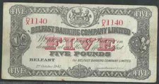 NORTHERN IRELAND £5 POUNDS 1942 BELFAST BANKING COMPANY LTD P#127b VF RARE