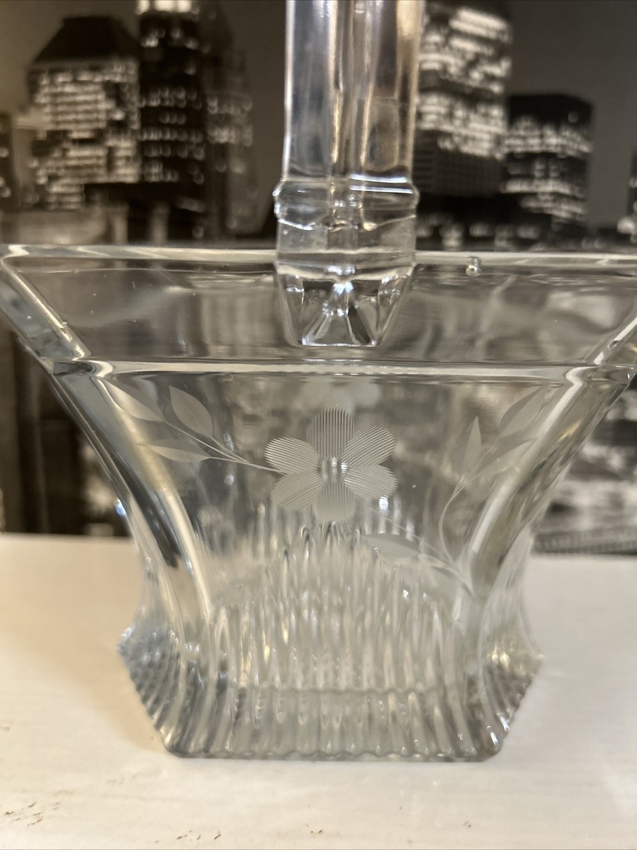 Antique Heisey Glass Basket HEXAGON Clear Flowers W/ Handle