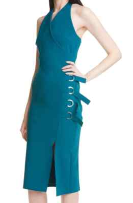$795 LA PETITE ROBE di CHIARA BONI AMBRA HALTER DRESS IN TEAL  SZ 44/8 NW0T