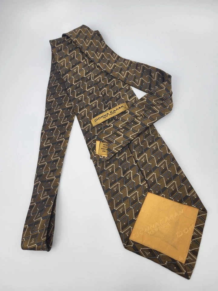 Corbata de seda Donna Karan marrón plata azul geométrica para hombre 57,5 x 3,7/8 Foto 4 de 4