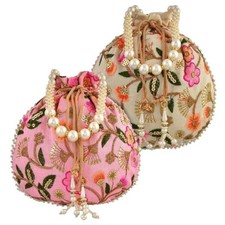 Indian Set of 2 Potli Bags Embroidered Purses Wristlets for Wedding Gifting