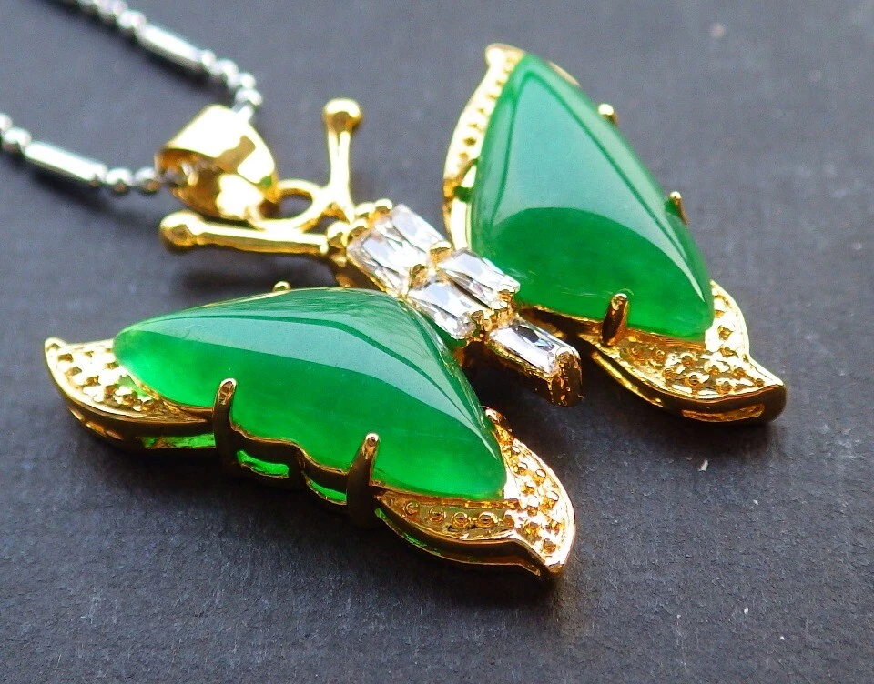 Genuine Green Jade Cubic Zirconia Butterfly 18KGP Pendant Chain Necklace