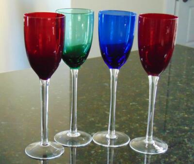 Set of 4 Crystal Wine Glasses Ruby Red Green and Cobalt Blue 6 oz