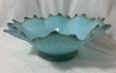 RARE Antique Northwood Glass Ice Blue Opaque Fluted Edge Serving Bowl w/Pedestal