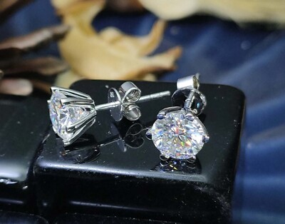 4.20 Ct Round Cut Off White Diamond Solitaire Studs ,925 Silver, Excellent Cut