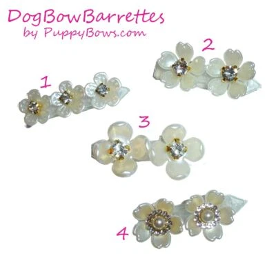 Puppy bows small mother of pearl 1" rhinestone flower petals pet hair barrette