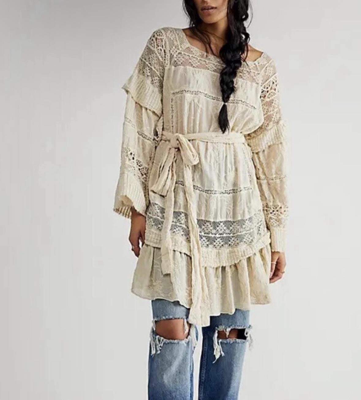 Magnolia Pearl Cream Cotton Tunic Lace Mini Dress Bohemian Women’s Small FLAW image 2