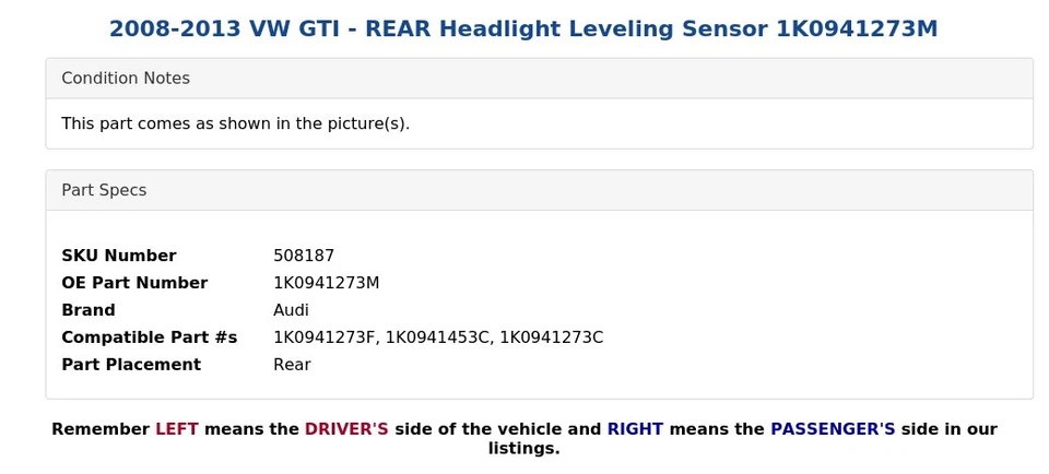 VW GTI 2008-2013 - Sensor de nivelación de faros traseros 1K0941273M Foto 4 de 4
