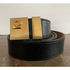 Vtg Pierre Cardin Mens Black Leather Belt Gold Silver Logo Buckle Approx 36"