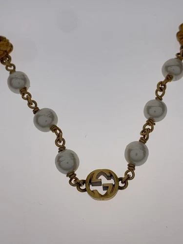 Collana donna GUCCI arabesco fiore perle ad incastro metallo oro G usata
