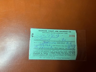 Vintage 1969 Employee's Watch Inspection Card Seaboard Coast Line Railroad Co.