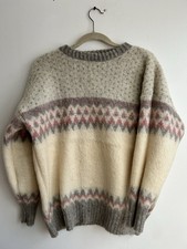Ice Knit Pure New Wool Sweater Grey, Cream, Pink Patterned Icelandic Sz L