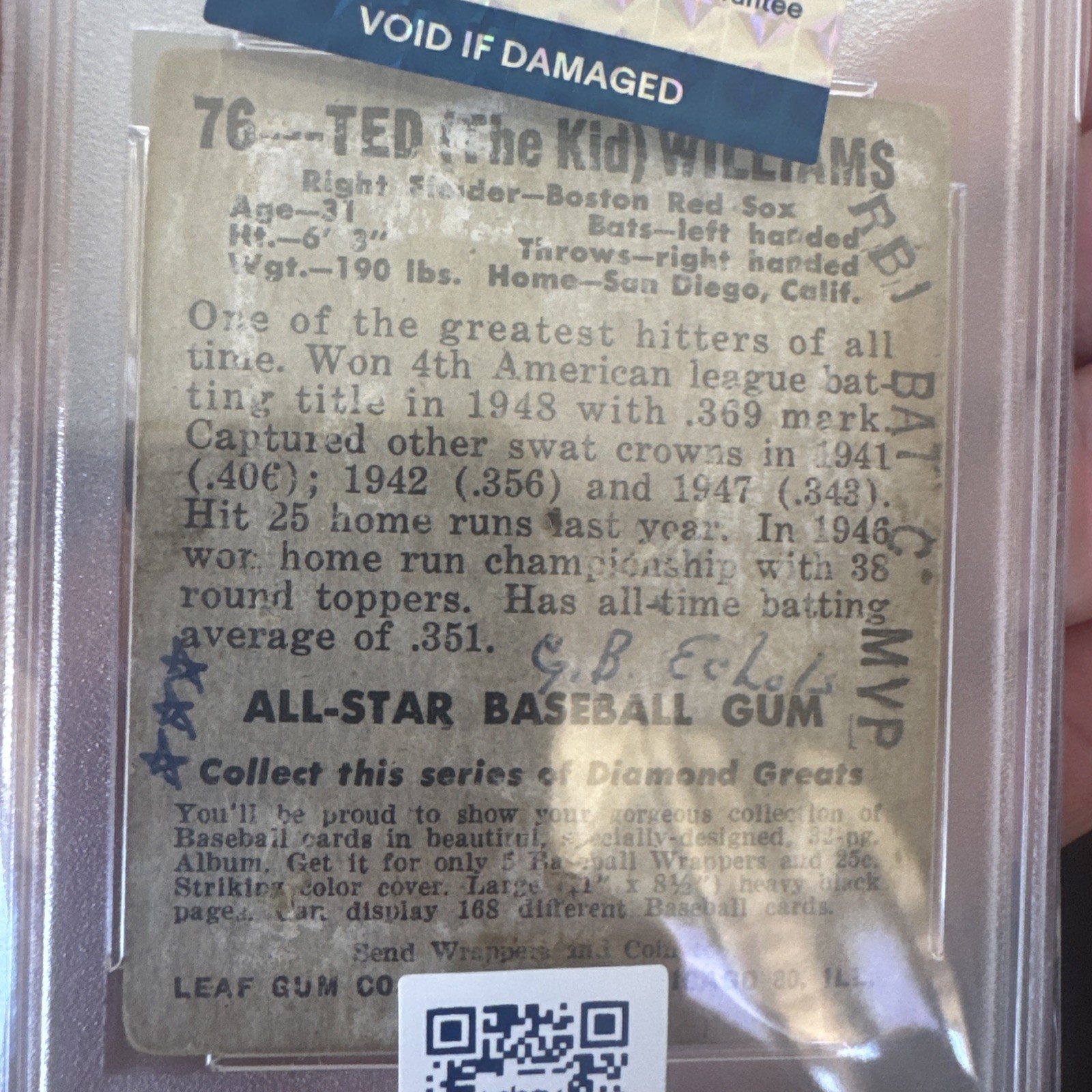 1948 Leaf Ted Williams #76 PSA 1 (MK) view 5