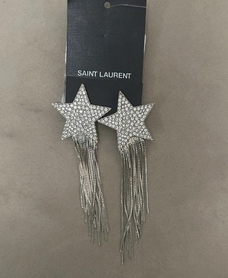 Saint Laurent Star Crystal Palladium Dangle Clip-On Earrings Silver
