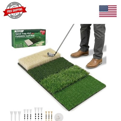 4-in-1 Foldable Heavy-Duty Golf Hitting Mat, Sand & Tee Turf, Anti-Slip Backi...