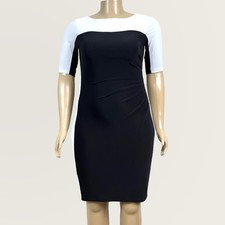 Chaps LARGE Black White Colorblock Pleated Shift Dress Jersey Knit Career Work 