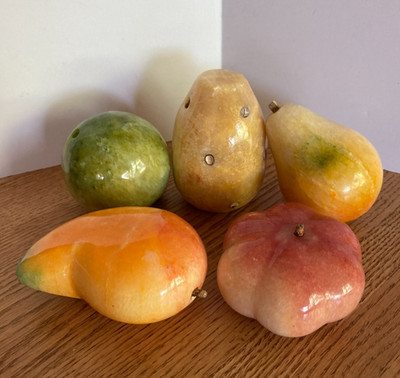 5 Carved Natural Stone Alabaster and/or Onyx Fruit Pear Mango Lime Pineapple