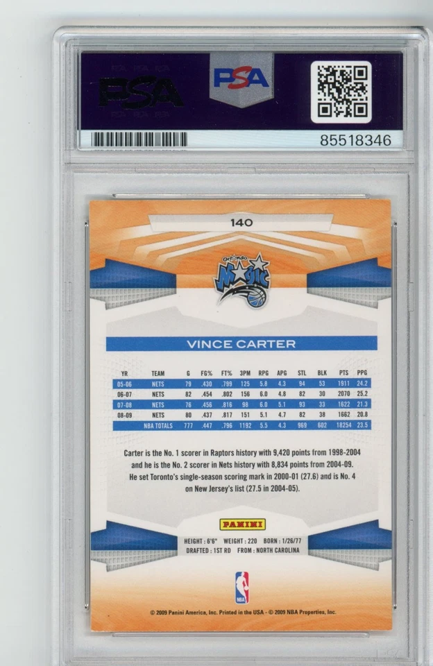 Signed Basketball Card Auto Vince Carter 2009-10 Panini #140 Magic PSA/DNA - Image 2 of 2