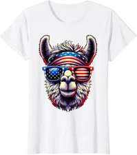 Alpaca Llama USA Flag Sunglasses 4th of July Shirt Ladies' Crewneck T-Shirt