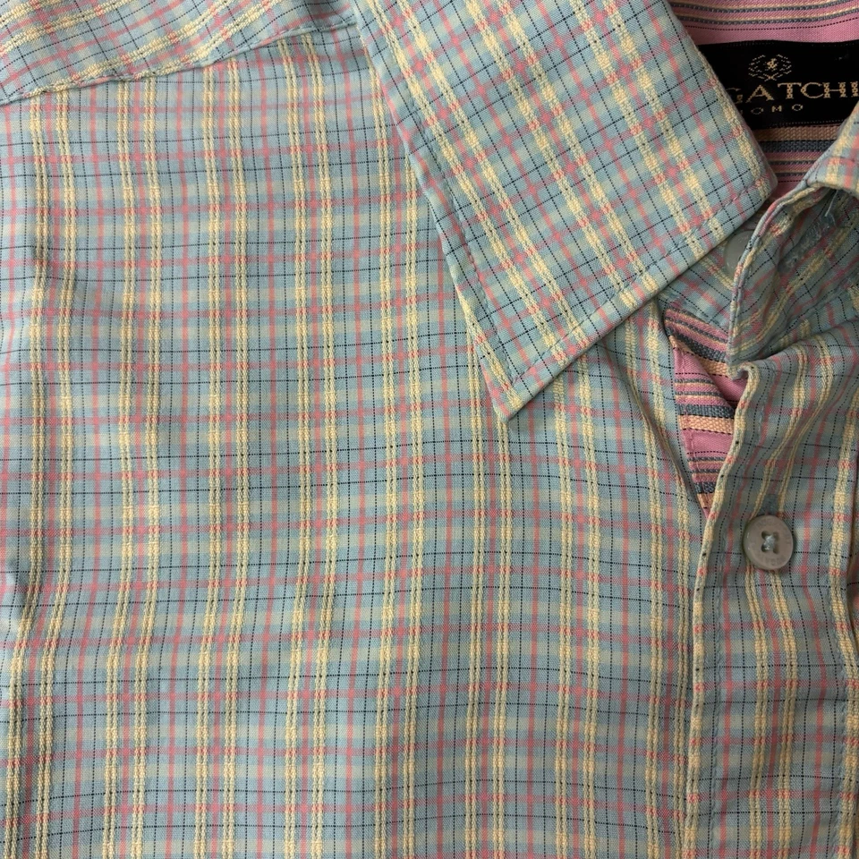 Camisa Bugatchi Uomo Para Hombre A Cuadros Manga Corta Abotonada Informal Verde Rosa Amarillo Foto 2 de 4