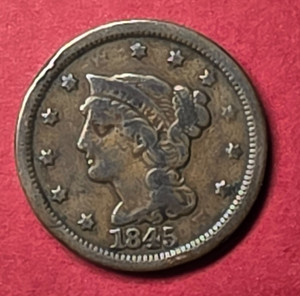 1845 US Mint – 1c Large Cent – Light Toning – VG