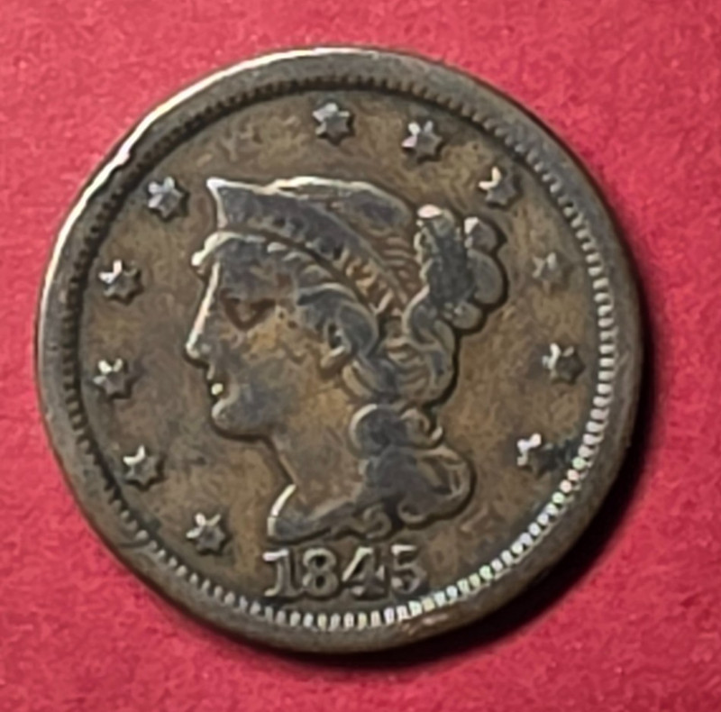 1845 US Mint – 1c Large Cent – Light Toning – VG