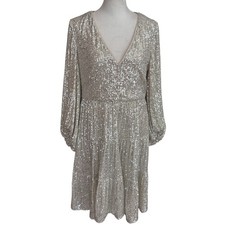 Eliza J Silver Sequined Balloon Sleeve Tiered Mini Dress EJ1M8892 Womens Size 10
