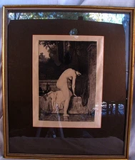 ANTIQUE ETCHING ON SILK NUDE SUSANNE C.A. WALTNER FRAMED c.1880
