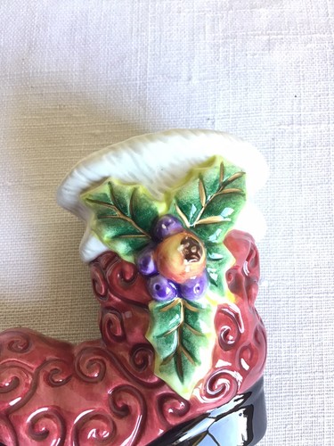 Vintage Fitz And Floyd Christmas Holiday Santa Holly Boot Salt Pepper Shaker Set - Picture 5 of 6