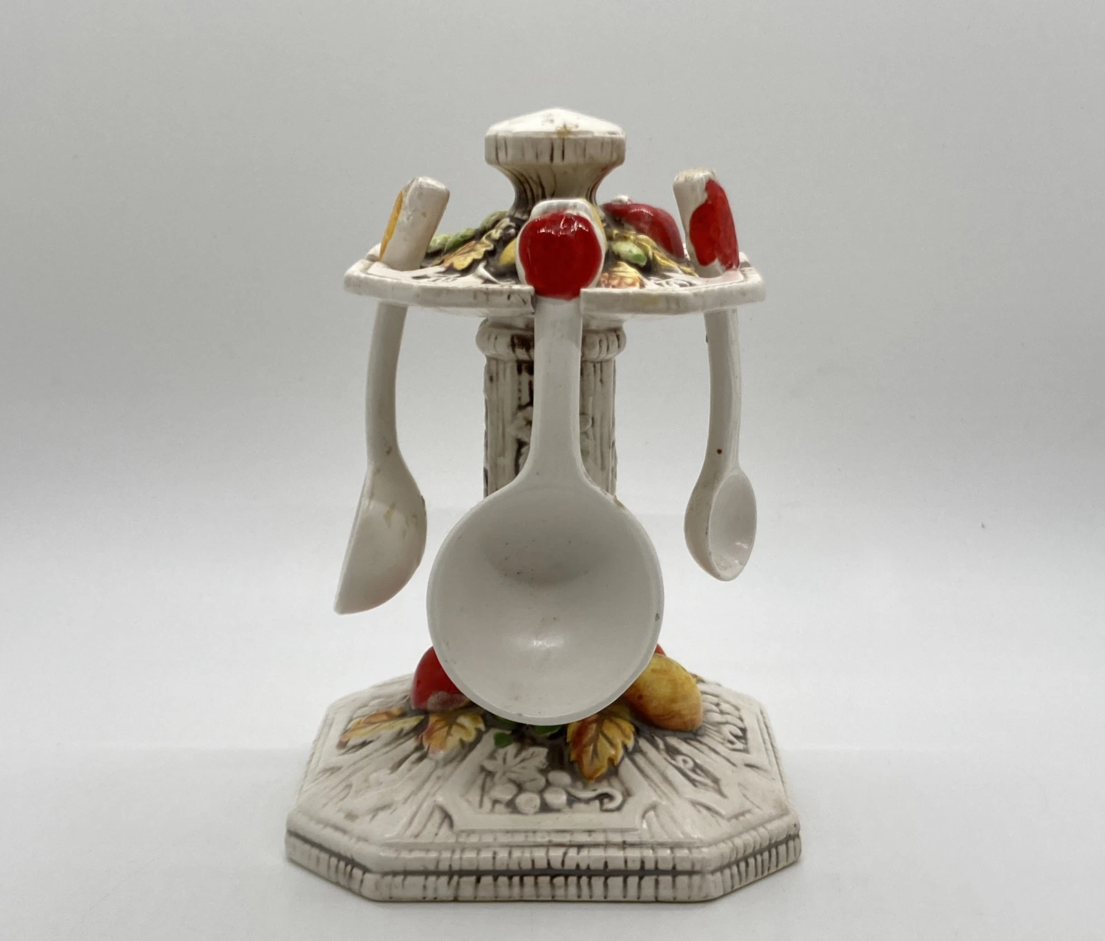 VTG Retro Kitschy 1970's Ceramic Measuring Spoon Holder 4 Measuring Spoons Fruit