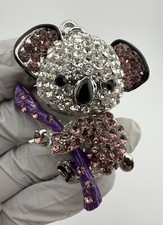 Rhinestone Silver Tone Koala Keyring Keychain w/ Moving Head Body. Bag Charm.