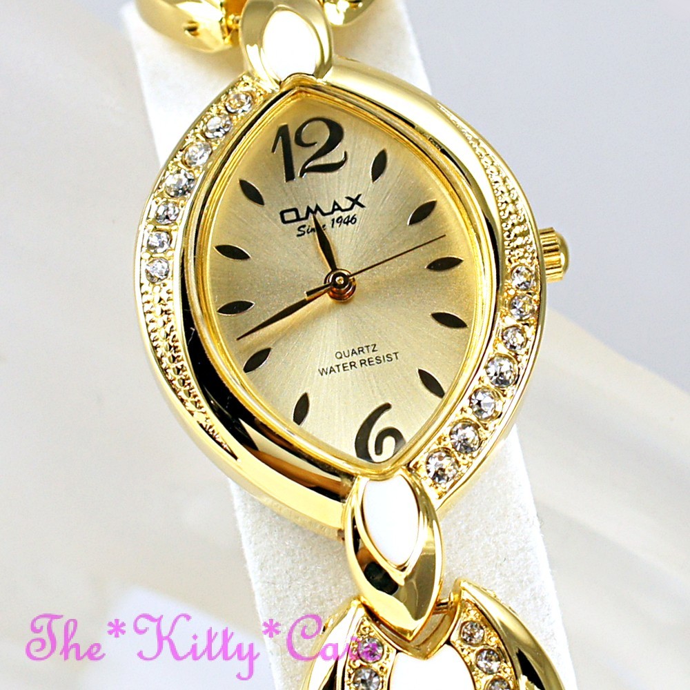 OMAX Seiko Movt Gold Enamel Unusual Marquise Watch w/ Swarovski