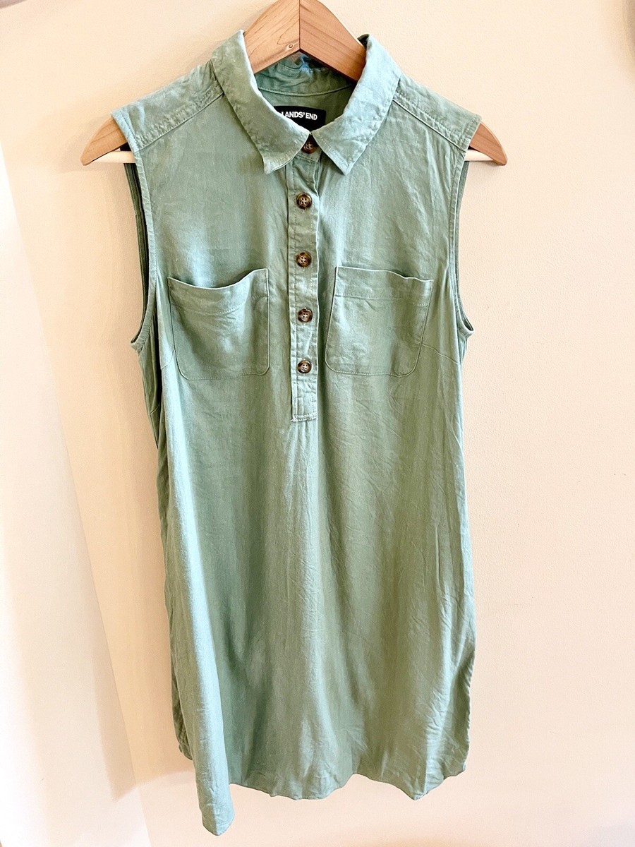 Lands End Womens Size 10 Green Linen Dress Sleeveless Above The Knee
