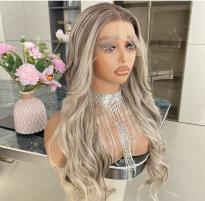 Brown Blonde Ombre Wig HD Front Lace Human Hair Blend Highlights  Wavy Curly