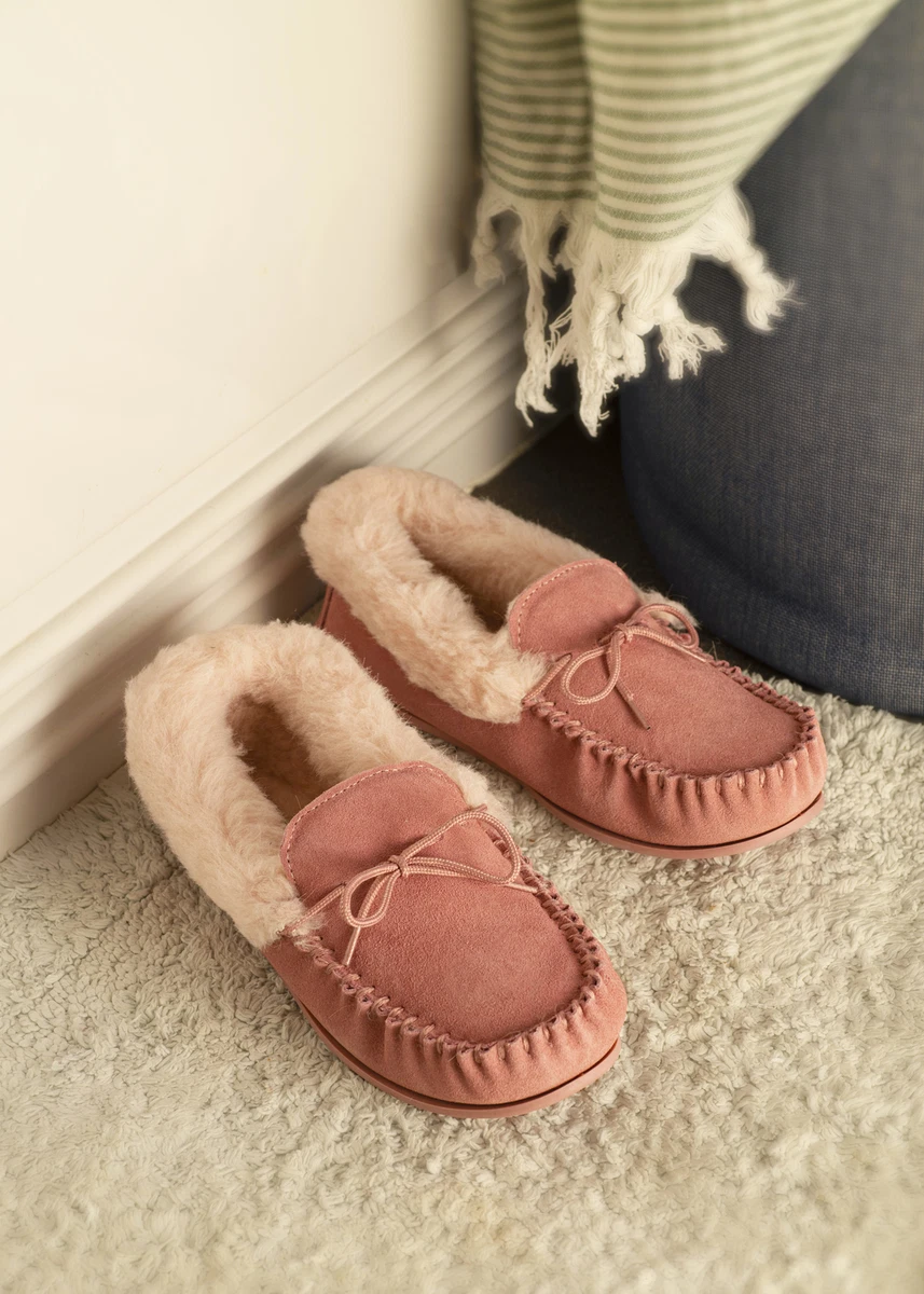 Damas Mocasines Piel de Oveja Forrados de Lana Gamuza Pantuflas Suela R gida Rosa P lido