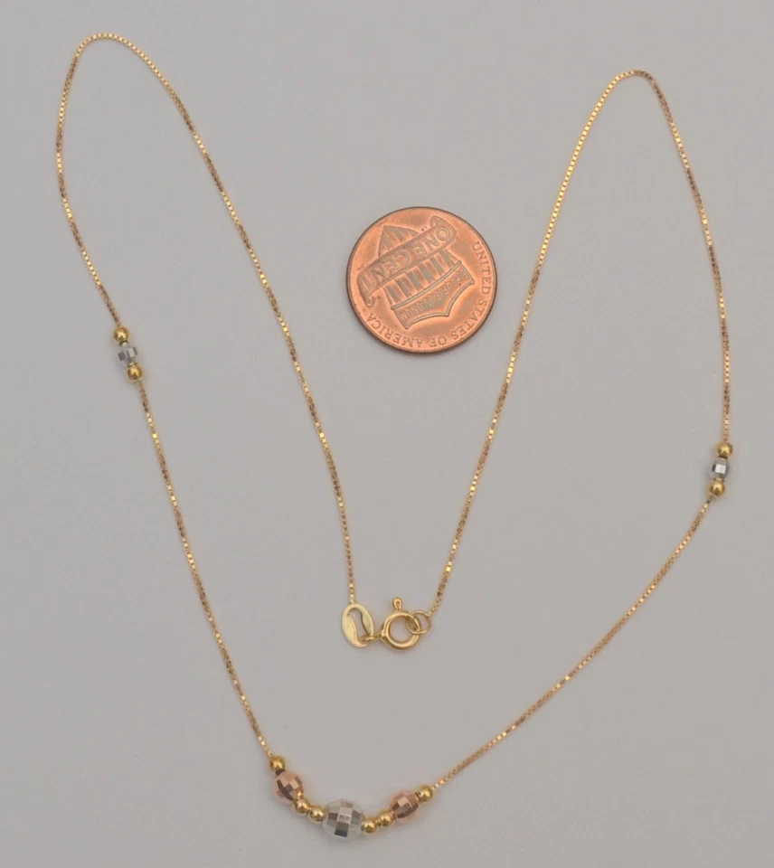 Gold box chain necklace 18k yellow white rose with diamond cut ball 16  inches - Image 4 of 4